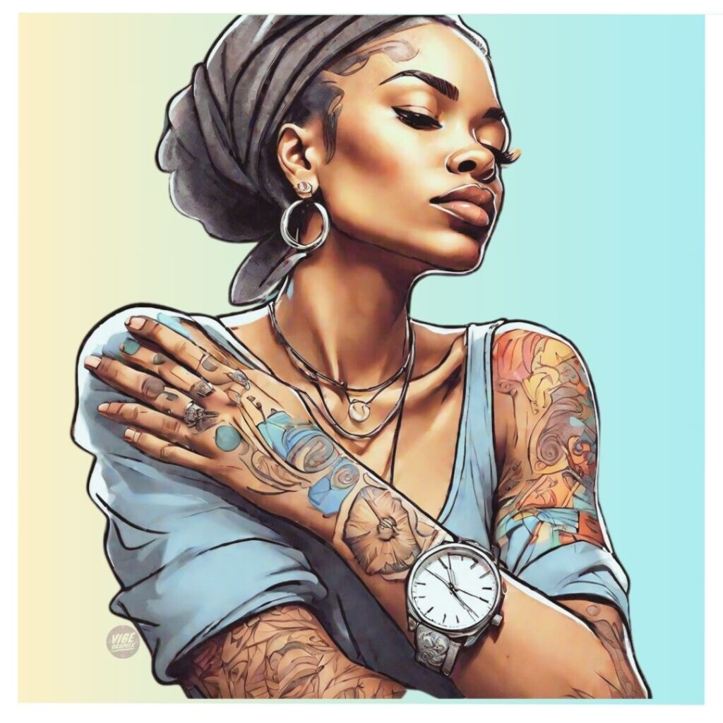Illustrated woman with headwrap, layered necklaces, and floral tattoos, wearing a silver analog wristwatch; symbolizes calm strength, analog watch mindfulness, and the quiet power of timing.