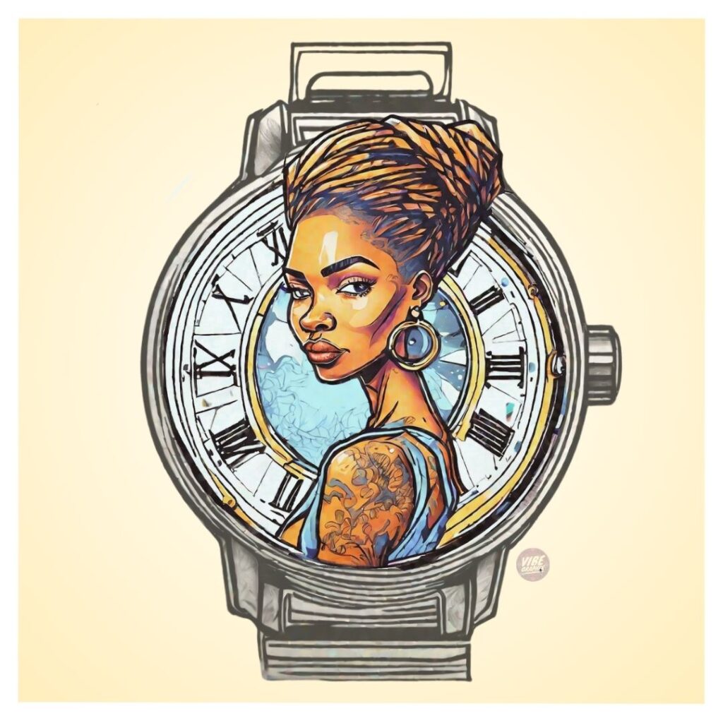Illustration of a confident Black woman with locs, tattooed arm, and large hoop earrings, positioned inside the face of an analog watch; symbolizes being in time and choosing presence.