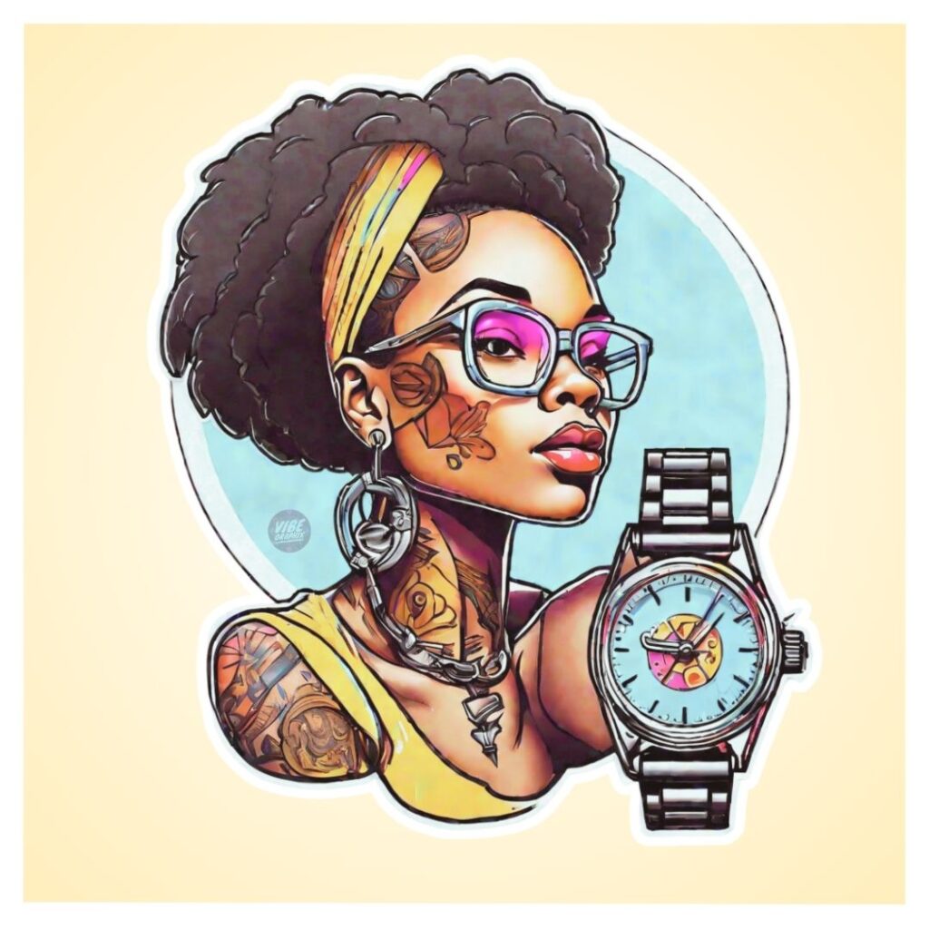 Afrocentric woman with natural hair, pink glasses, and floral tattoos, wearing a yellow top and silver analog wristwatch; symbolizes stylish mindfulness and thoughtful time awareness.