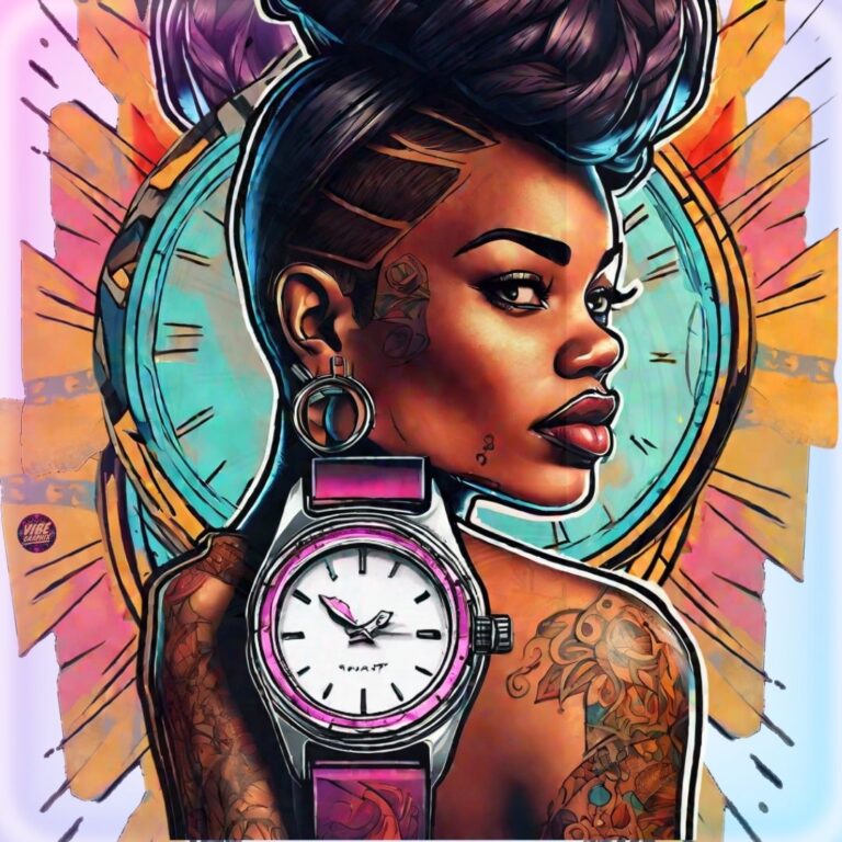 Afrocentric woman with high styled hair, hoop earrings, and a pink analog wristwatch, framed by bold clock imagery; symbolizes feminine strength, analog watch mindfulness, and reclaiming time with presence.