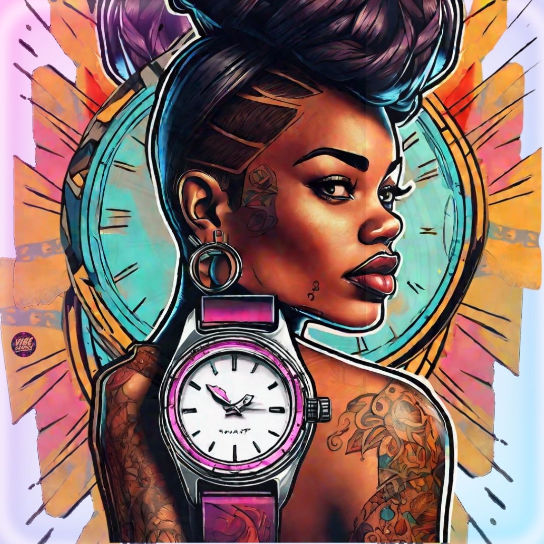 Afrocentric woman with high styled hair, hoop earrings, and a pink analog wristwatch, framed by bold clock imagery; symbolizes feminine strength, analog watch mindfulness, and reclaiming time with presence.