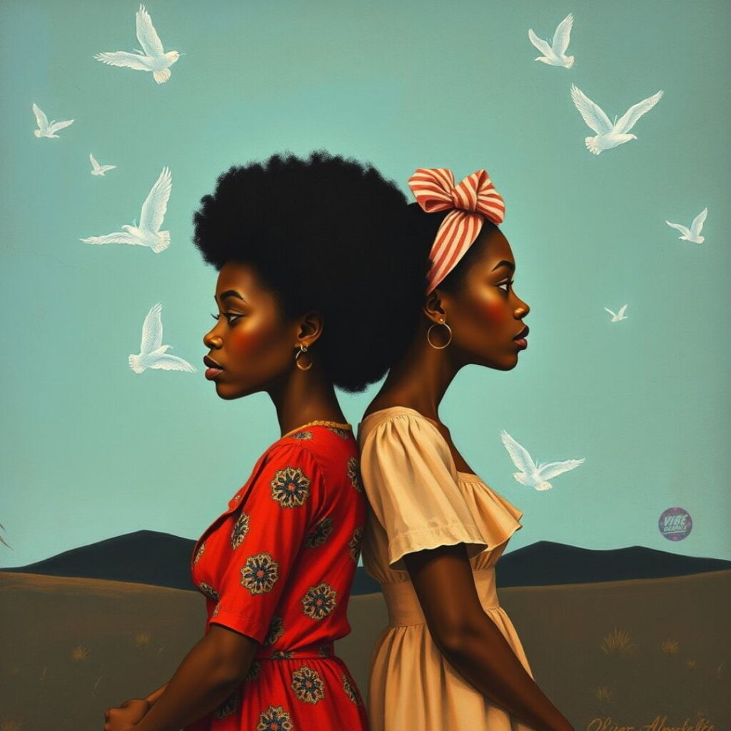 Illustration of two Black women standing back-to-back with white doves flying around them, symbolizing inner duality, freedom, and emotional balance.