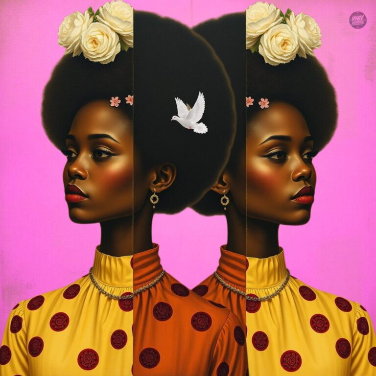 Portrait of an elegant Black woman with an afro adorned with flowers, split into mirrored halves, symbolizing duality and identity of protective self and authentic self