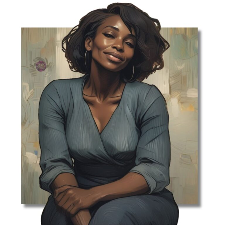 The gift of grace is a hard one. A black woman seated with a soft smile and calm gaze, wearing a deep green wrap dress—exuding quiet confidence, emotional clarity, and grace.