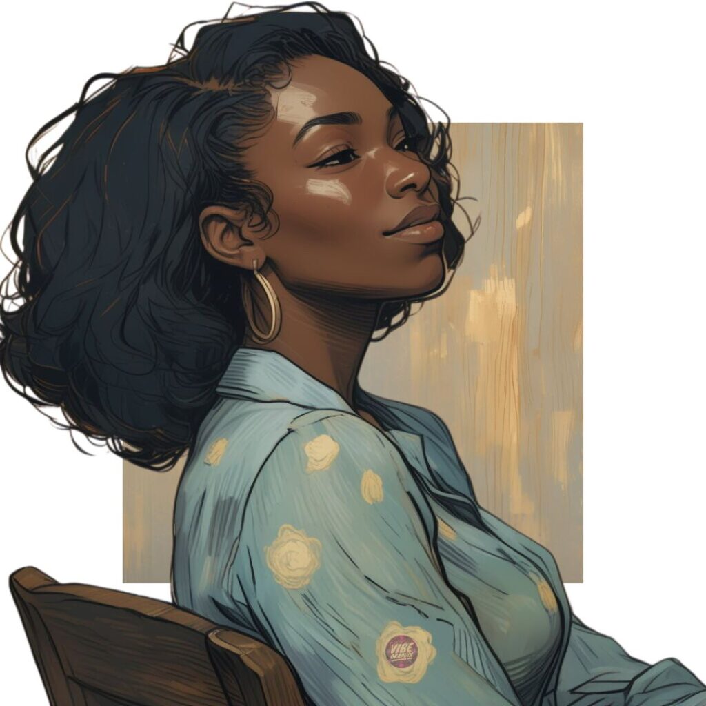 Black woman seated with a soft smile and calm gaze, wearing a deep green wrap dress—exuding quiet confidence, emotional clarity, and grace