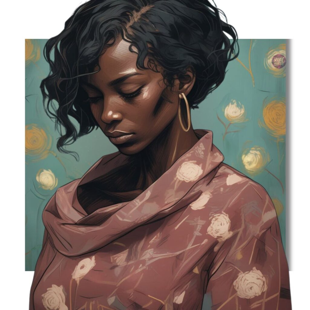 Healing isn't easy. Black woman with downcast eyes in a soft floral top, standing in front of a teal and gold background—capturing the quiet moment of reflection and emotional surrender.