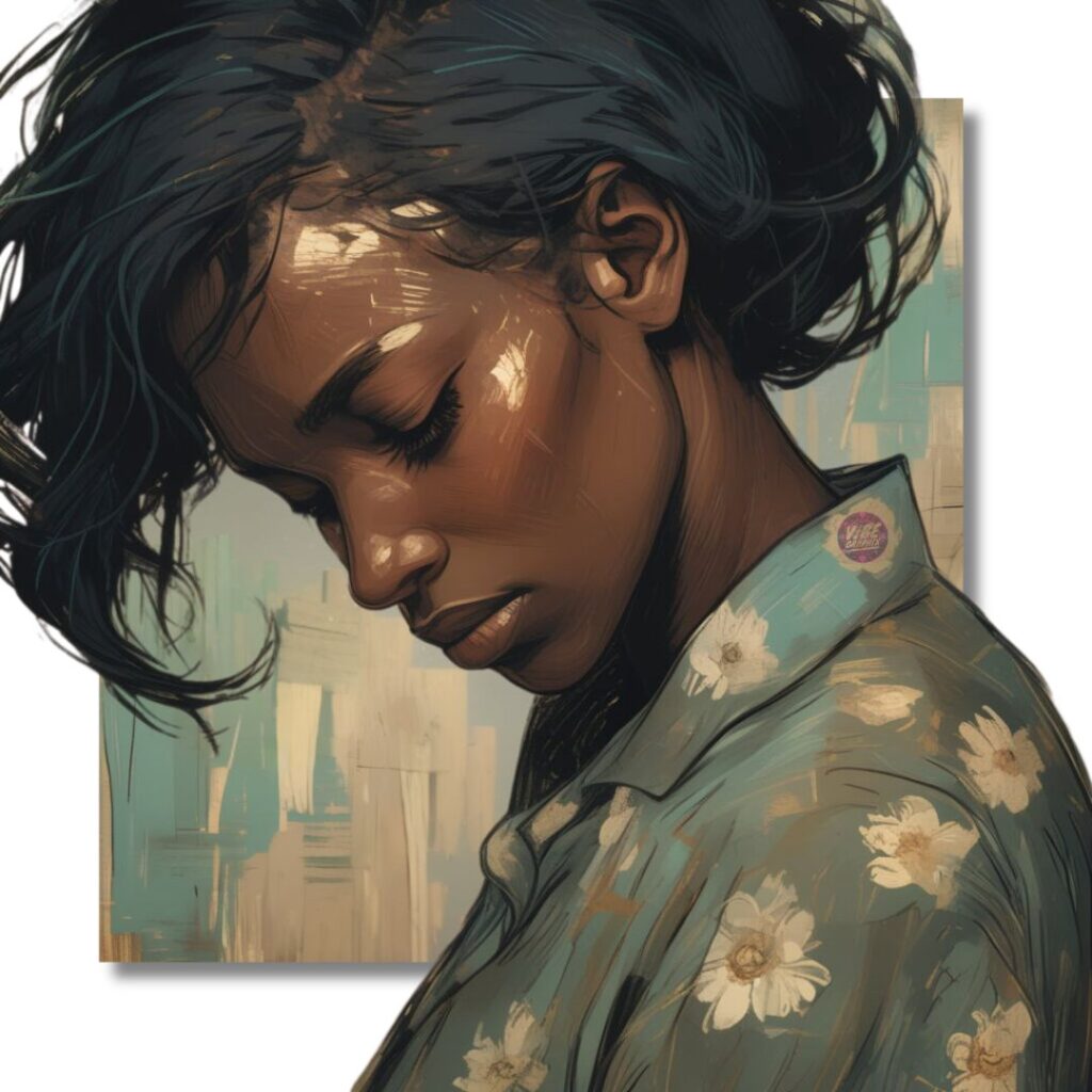 Black woman in a floral blouse looking downward with eyes closed, reflecting in stillness—capturing the gentle moment of emotional grace and inner healing.
