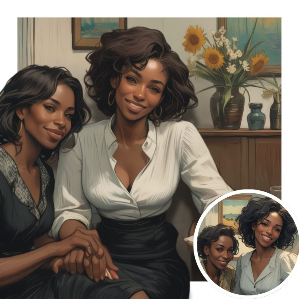 Two Black women sitting together, smiling softly and holding hands, surrounded by flowers and warm tones—capturing the emotional presence of legacy, memory, and joy.