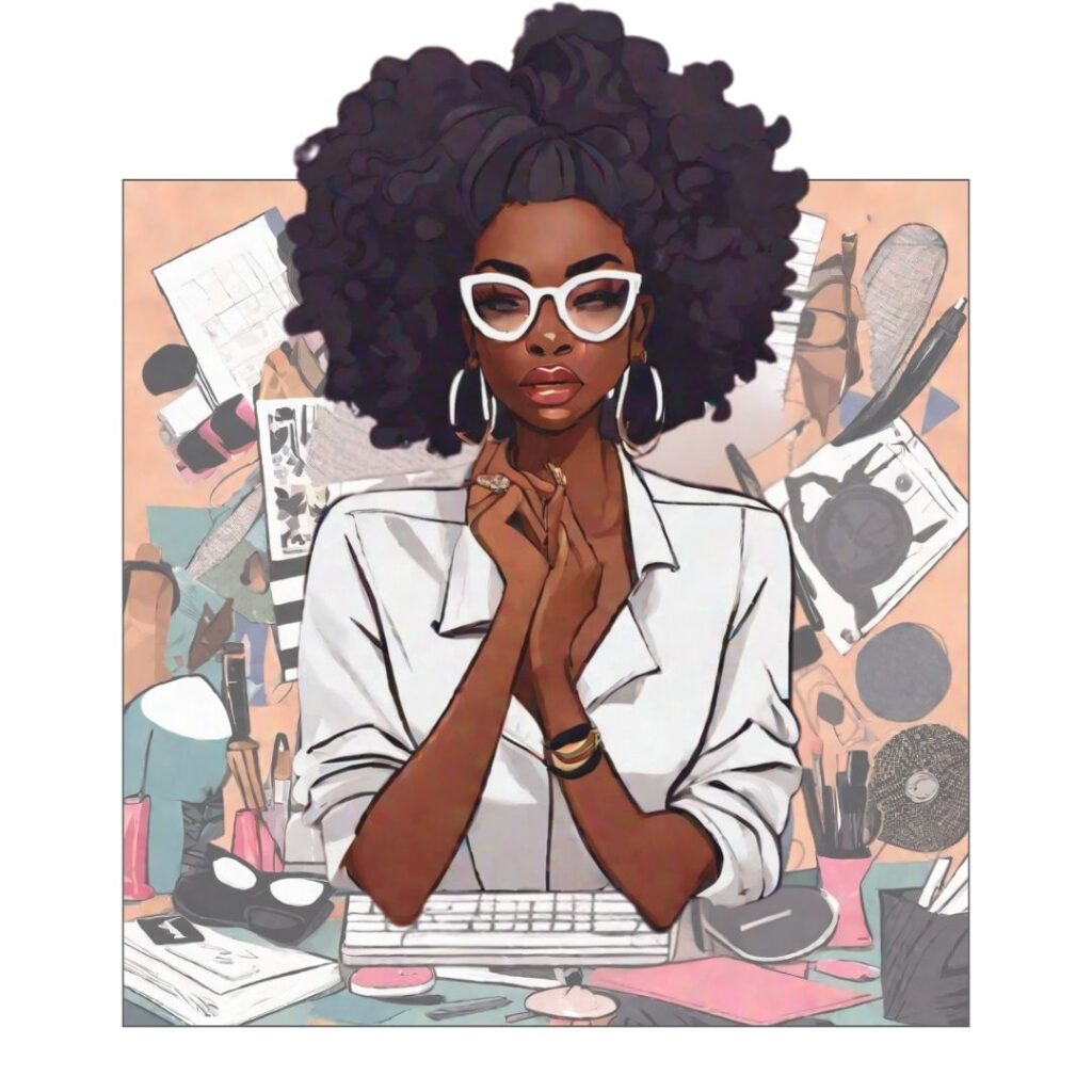 Black woman with natural hair and white cat-eye glasses sitting at a cluttered desk, symbolizing emotional overwhelm and the need to declutter thoughts and mental space.