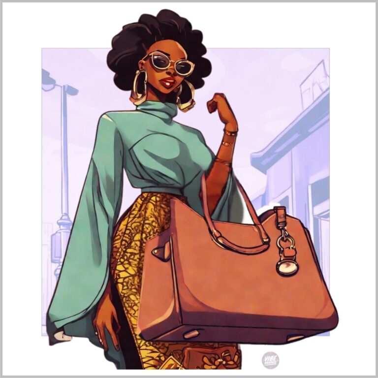 Stylish Black woman carrying a large handbag, symbolizing emotional baggage, dressed in modern Afrocentric fashion with sunglasses and bold accessories.