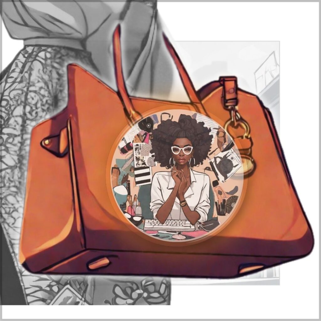 Close-up of a large brown handbag filled with symbolic clutter, featuring a reflective Black woman surrounded by emotional and material items representing overwhelm and inner noise.
