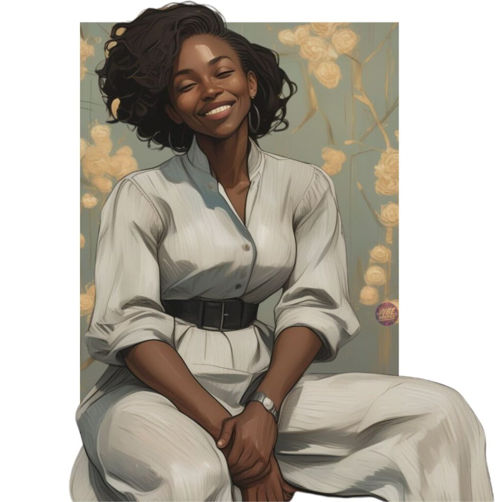 Black woman smiling with eyes closed, seated in front of soft golden floral background, radiating joy, grace, and emotional freedom.