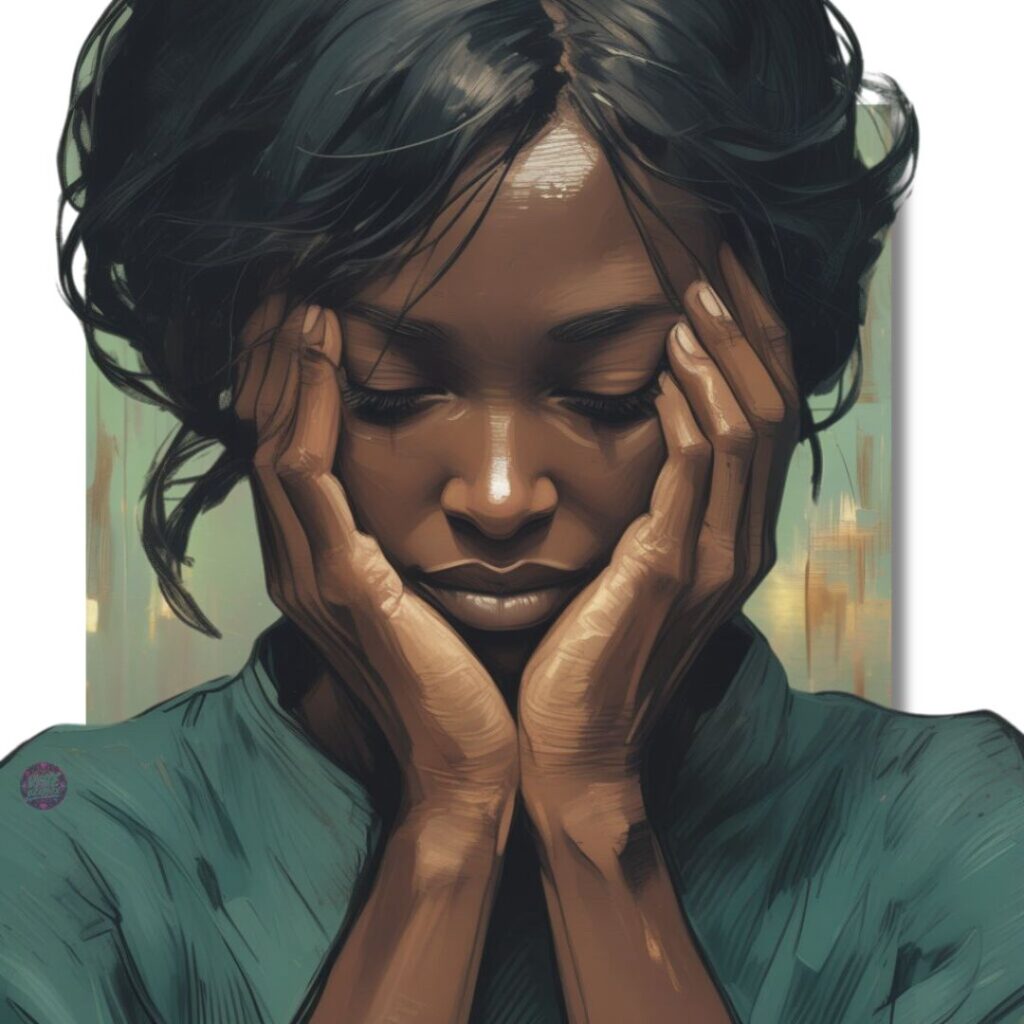 Black woman in a floral blouse looking downward with eyes closed, reflecting in stillness—capturing the gentle moment of emotional grace and inner healing.