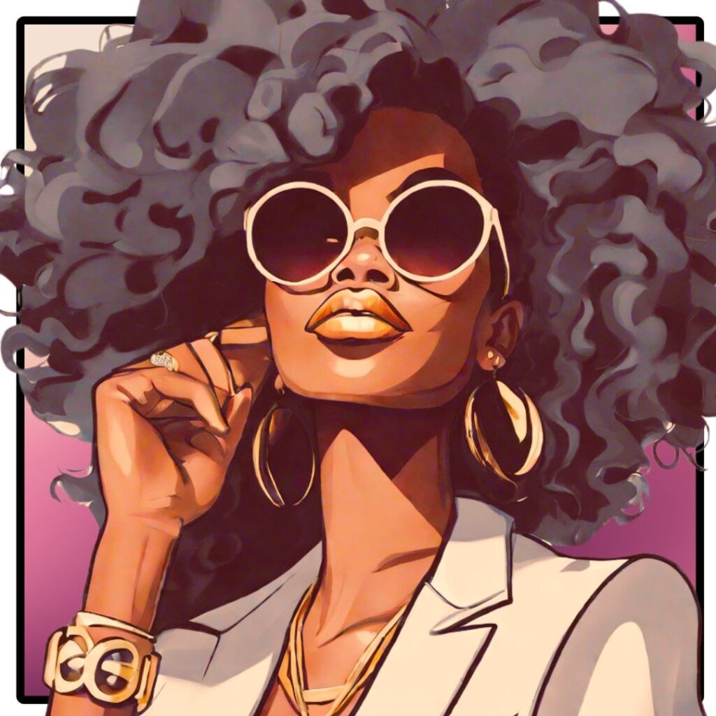 Confident Black woman in sunglasses and gold accessories, radiating self-possession, clarity, and inner peace