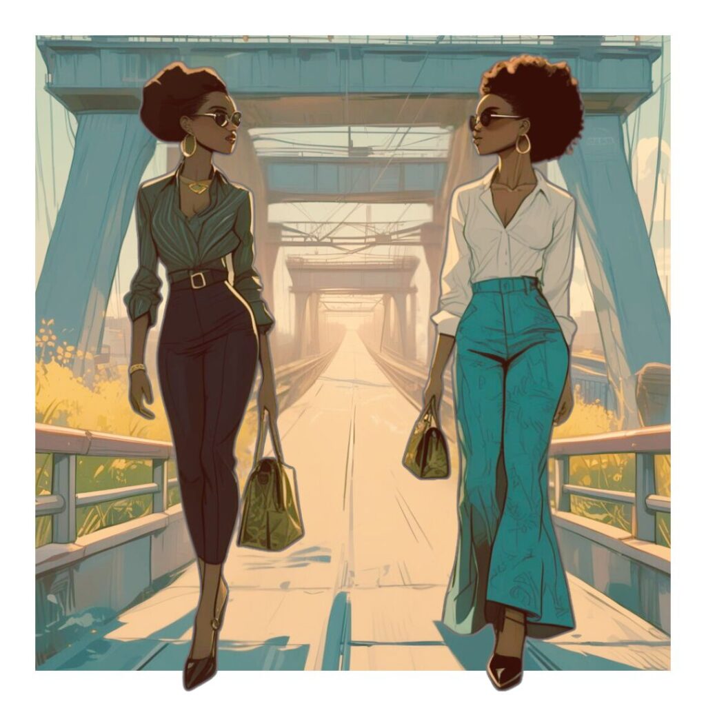 Two Black women walking across a bridge, visually symbolizing emotional support, personal boundaries, and the strain that can build in caring relationships.