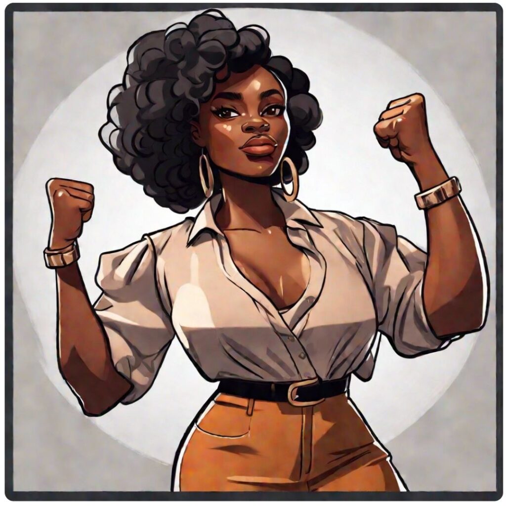 Empowered Black woman with raised fists, symbolizing inner strength, boundaries, and self-advocacy