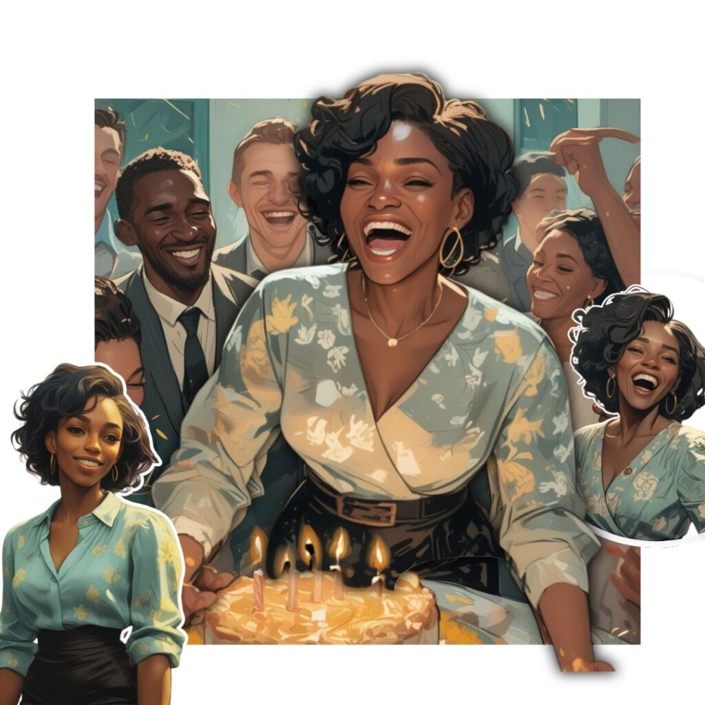 Black woman laughing joyfully while surrounded by friends at a birthday celebration, holding a cake with lit candles—capturing fun, love, and radiant presence.