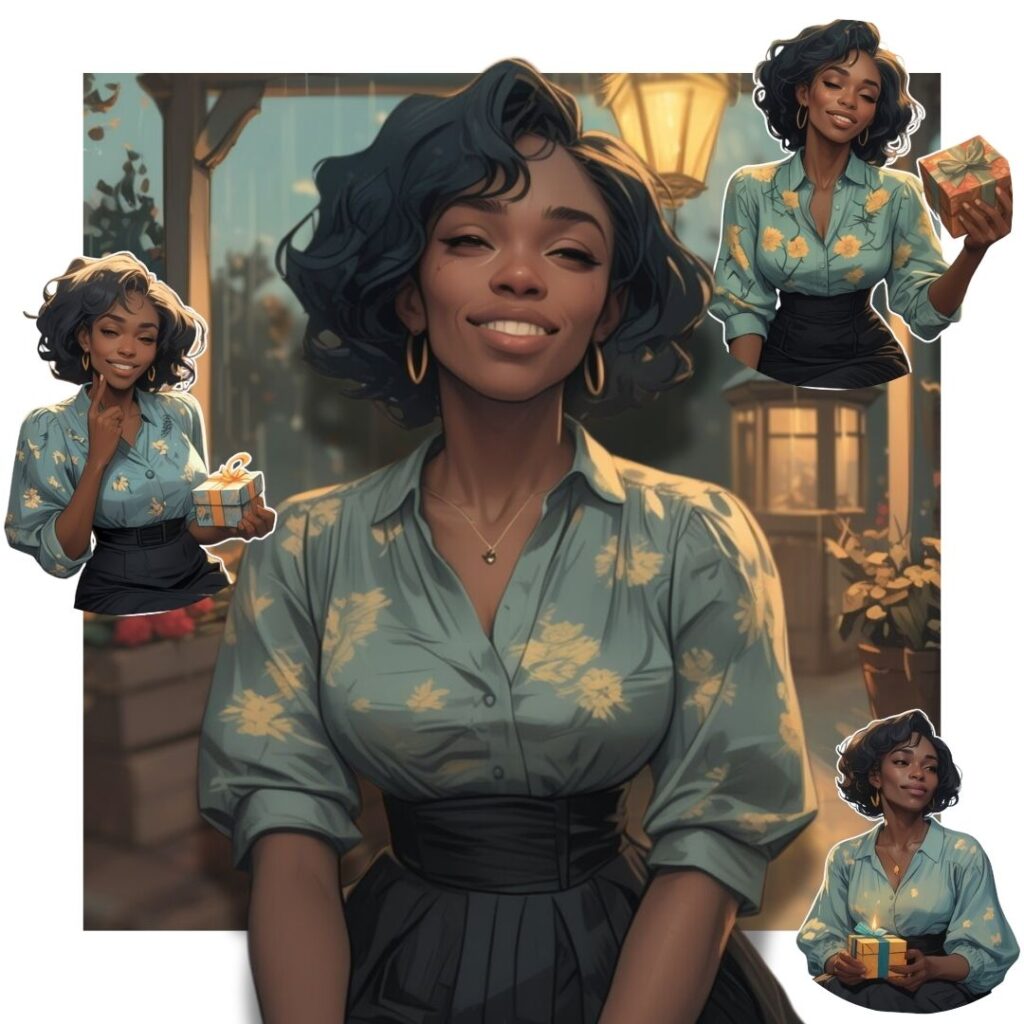 Black woman smiling softly while holding a small gift box in a warmly lit garden, capturing a quiet moment of joy, meaning, and emotional presence.