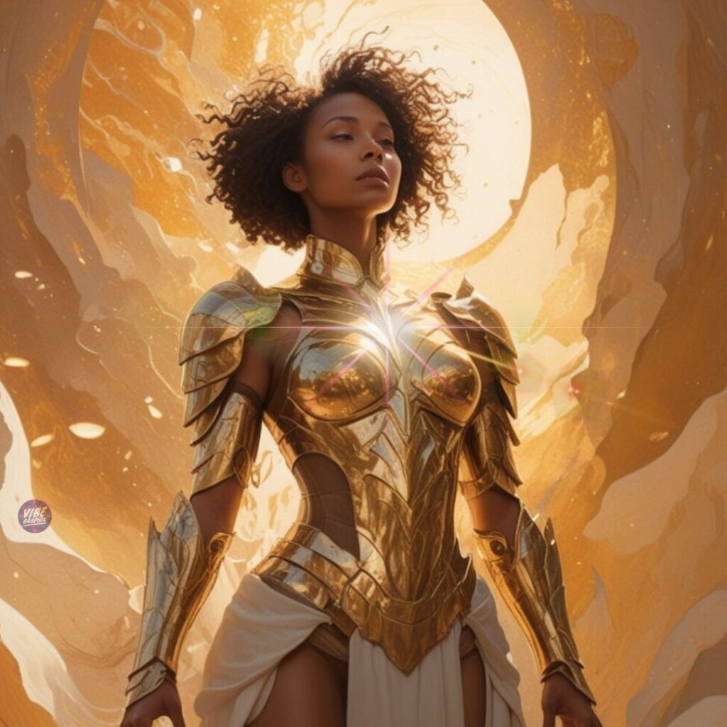 A poised Black woman in radiant gold armor stands in glowing light, her chest illuminated by a soft burst, representing self-protection formed through pain and resilience.