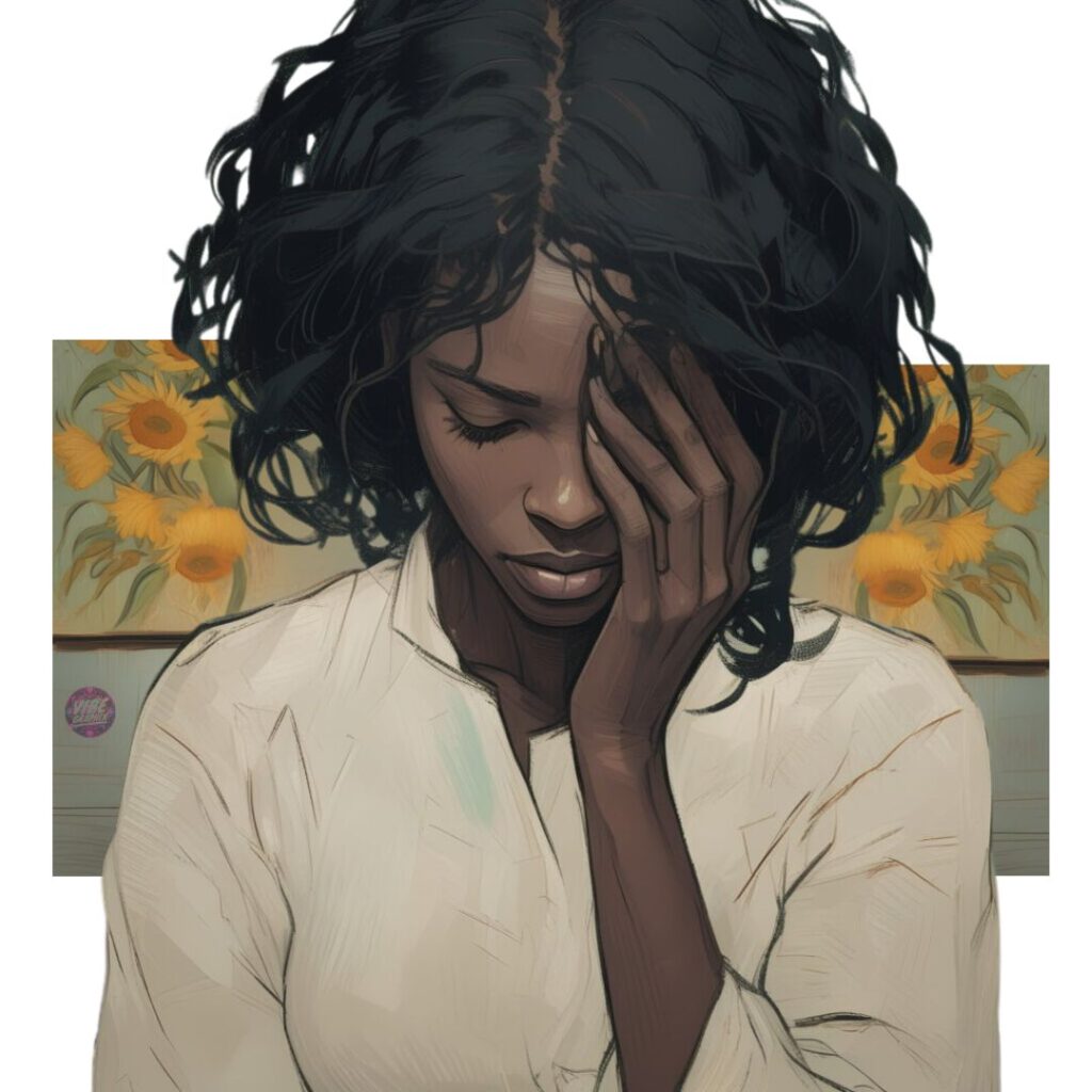 Black woman with head bowed and hand covering face, seated in front of sunflowers. She's feeling resentment, capturing a moment of emotional pain, release, and the quiet beginning of healing.