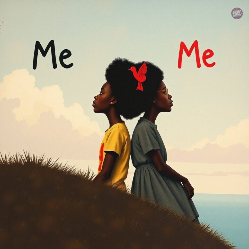Illustration of two Black girls sitting back-to-back on a hill with the word "Me" above each, symbolizing self-reflection and inner dialogue.