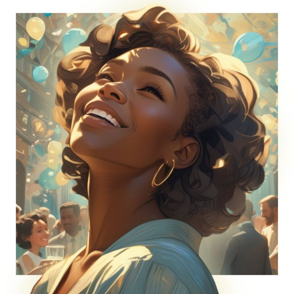 Black woman smiling joyfully at a lively celebration, surrounded by friends and floating balloons, capturing the radiant energy of a celebration
