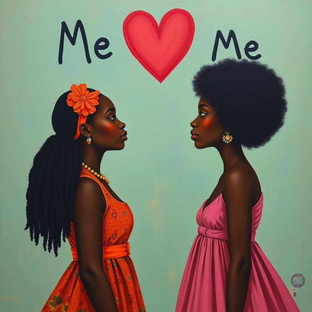 Illustration of two Black women facing each other with “Me ❤️ Me” above them, symbolizing self-acceptance and personal unity.