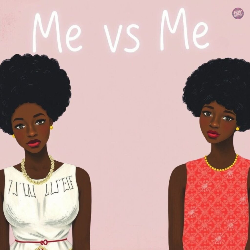 Illustration of two Black women with natural hair standing side by side against a pink background, with the phrase “Me vs Me” above them.