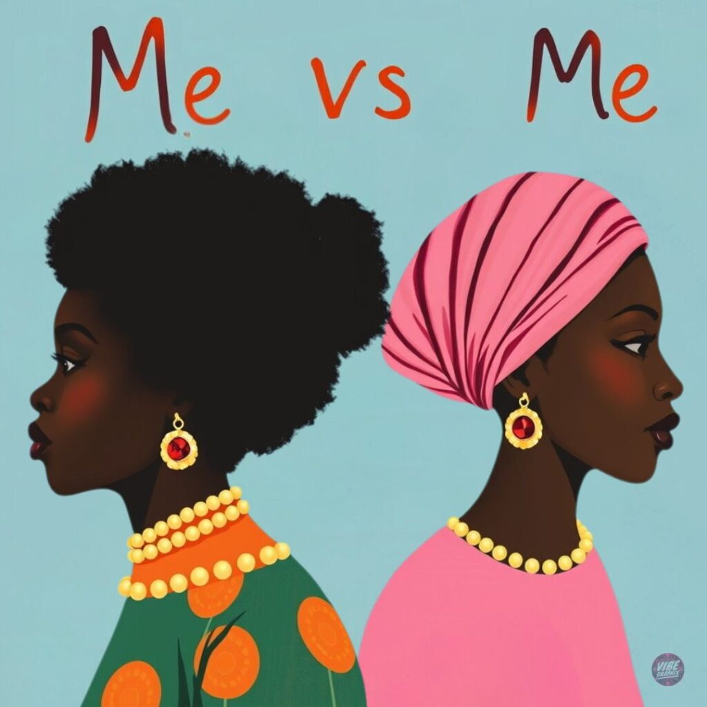 Digital illustration of two Black women facing opposite directions, one with natural hair and the other in a headwrap, with the phrase “Me vs Me” above them.