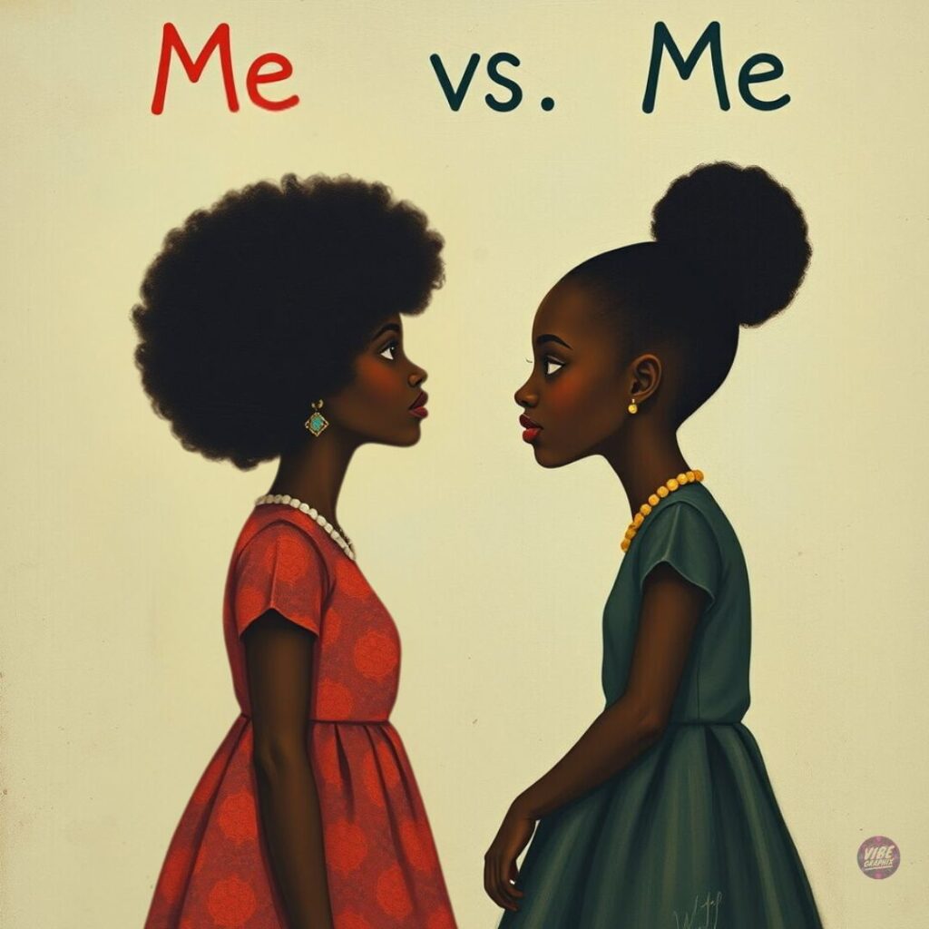 Illustration of two Black girls facing each other with the words "Me vs. Me" above, symbolizing inner conflict and self-reflection.