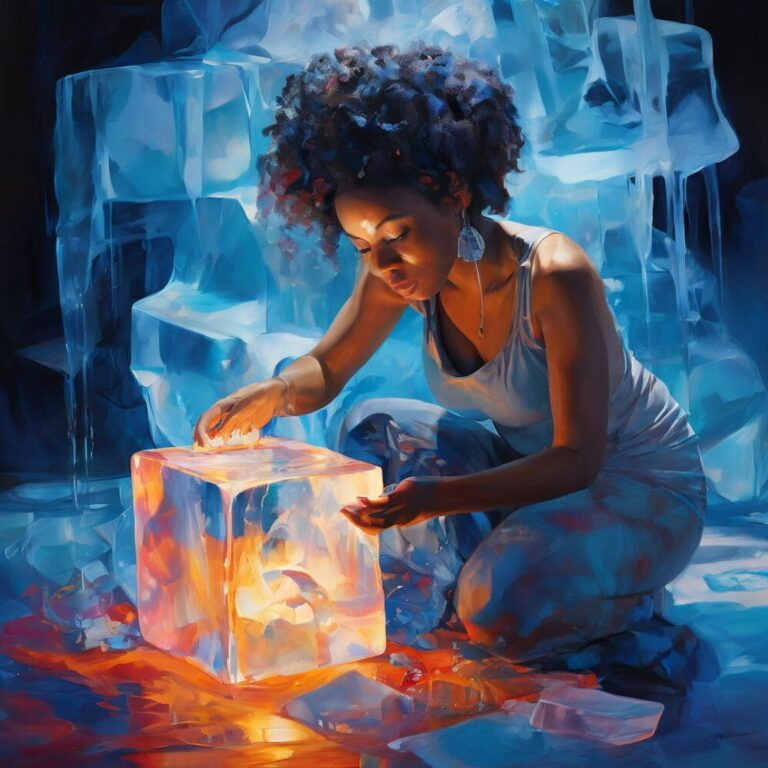 Black woman kneeling beside a glowing ice block, gently touching it as it melts—surrounded by frozen walls, symbolizing quiet effort and impermanence