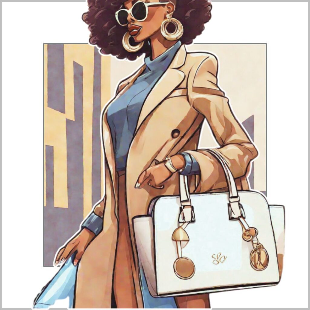 Stylish Black woman in a trench coat and sunglasses holding a large white designer handbag, symbolizing the emotional weight we carry and the choice to carry it with grace.