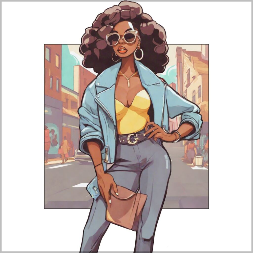 Confident Black woman walking through city streets in a yellow top and denim jacket, holding a small clutch bag, symbolizing the freedom of traveling light emotionally and mentally.