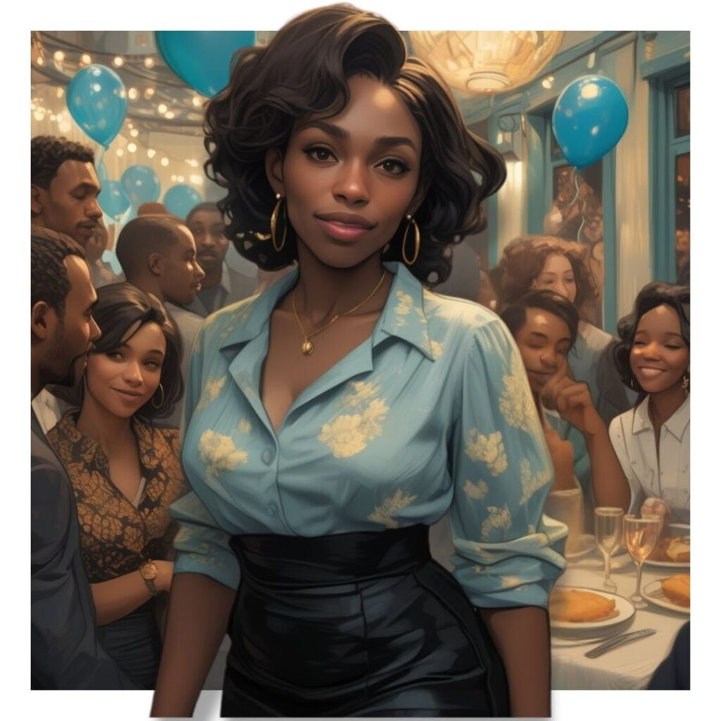Black woman standing calmly at a birthday dinner surrounded by friends, exuding presence and quiet joy in a room filled with celebration.