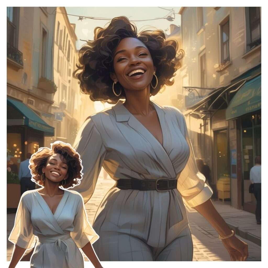 Black woman walking joyfully through a sunlit street, smiling with radiant confidence and peace—capturing the feeling of joy that lingers and fills the soul.