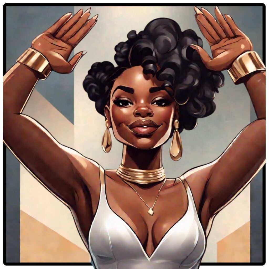 Confident Black woman smiling with hands raised, embodying peace, self-assurance, and mindful awareness