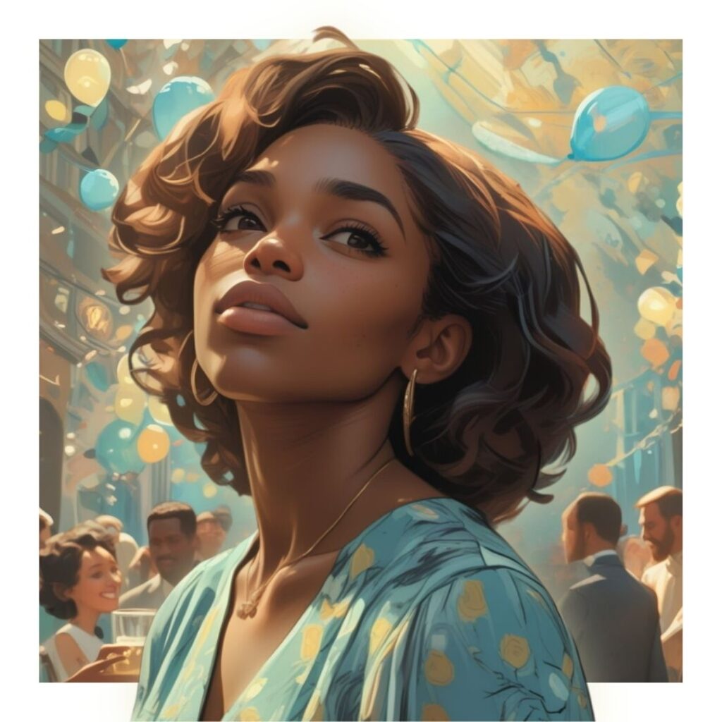 Black woman gazing softly upward at a lively party scene, surrounded by balloons and warm light, capturing the contrast between joy and quiet reflection.