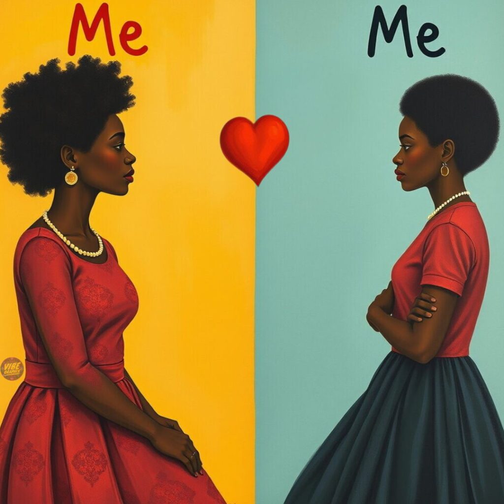 Digital art of a Black woman facing herself with a heart between them, symbolizing inner harmony, self-love, and emotional healing.