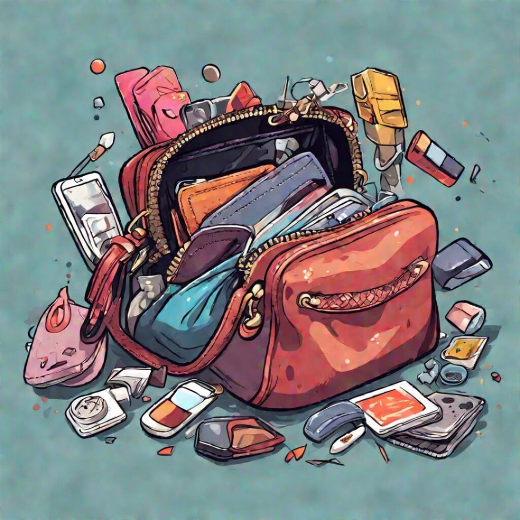 Overstuffed handbag spilling out with wallets, makeup, receipts, and clutter, symbolizing emotional baggage and the hidden mental load we carry every day.