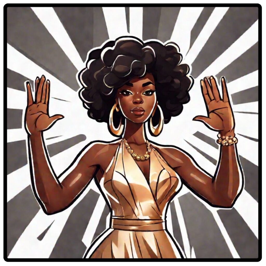 Powerful Black woman with raised hands, symbolizing surrender, self-respect, emotional boundaries and protect her peace.
